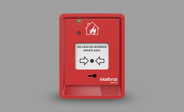 Acionador manual de incêndio com LEDs de supervisão e alarme destacados.