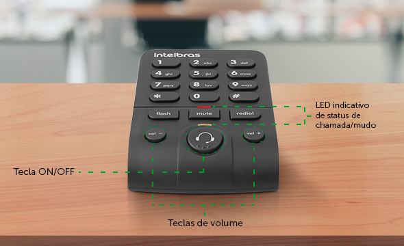 Detalhe das teclas de atalho e LED indicativo na base do telefone