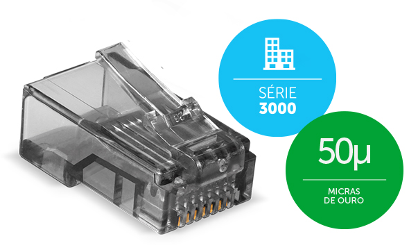 Conector RJ45 CAT.5e com destaque para os contatos banhados a ouro