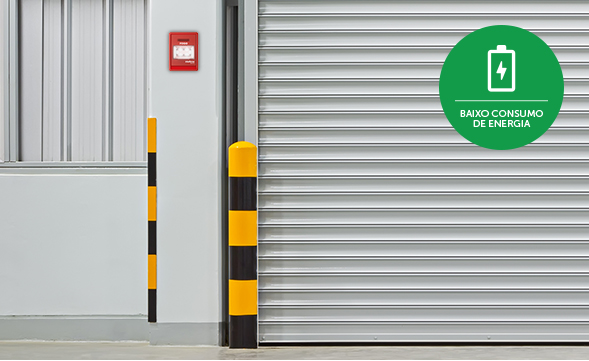 Diagrama mostrando várias sirenes conectadas a uma única central, destacando o baixo consumo.