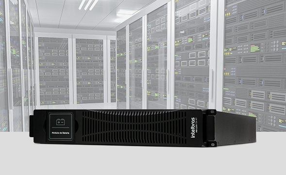 Módulo de baterias com design robusto e versátil para instalação em rack ou torre.