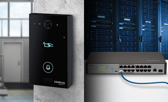Diagrama mostrando o videoporteiro conectado a um switch PoE com um único cabo de rede.