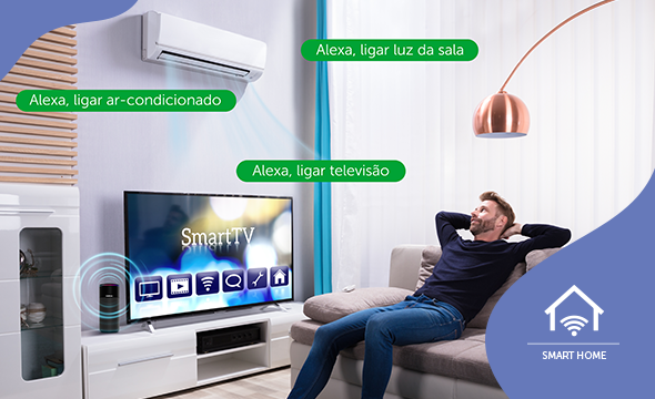Casa inteligente com dispositivos conectados e controlados pelo Smart Speaker