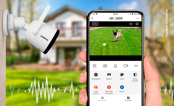Ícone de microfone sobre a imagem de uma casa