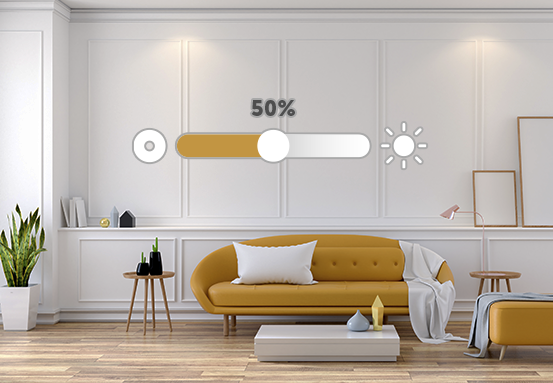 Ambiente de sala de estar com a intensidade da luz sendo controlada.