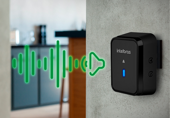 Módulo interno da campainha com ícones de notas musicais e volume.