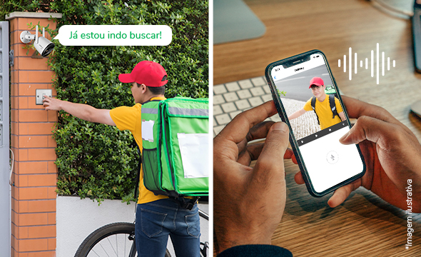 Pessoa interagindo por voz através do smartphone com alguém no ambiente monitorado