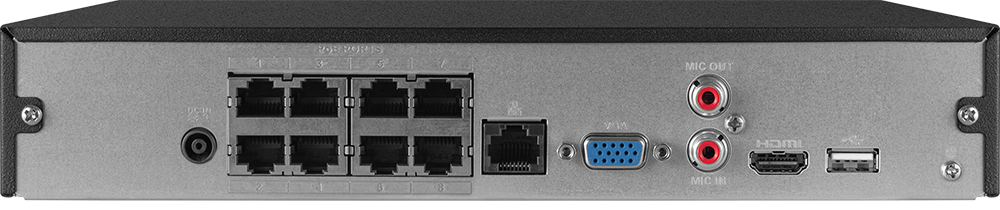 Painel traseiro do NVR mostrando as 8 portas PoE.