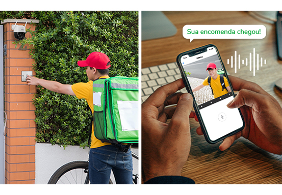 Pessoa ouvindo o som captado pela c&acirc;mera atrav&eacute;s do smartphone