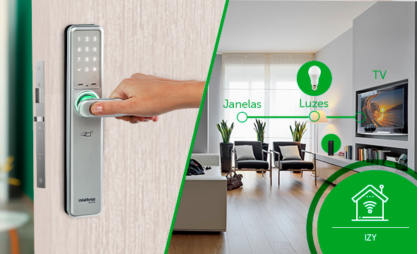 Cena de casa inteligente com a fechadura automatizando luzes e TV