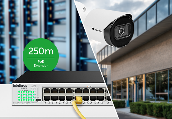 Ilustra&ccedil;&atilde;o da fun&ccedil;&atilde;o PoE Extender alcan&ccedil;ando 250 metros