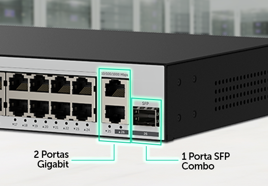 Destaque para as portas Gigabit e SFP do switch