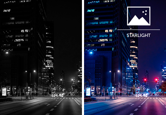 Comparativo de imagem com e sem tecnologia Starlight