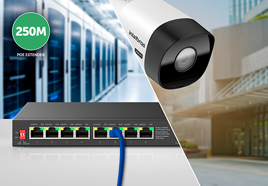 Ilustração da função PoE Extender alcançando longas distâncias