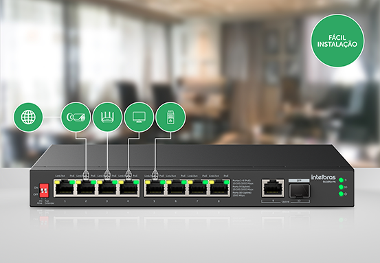 Conectores de rede sendo plugados, representando a facilidade Plug & Play