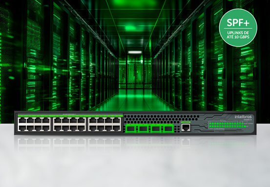 Detalhe das portas SFP+ do switch