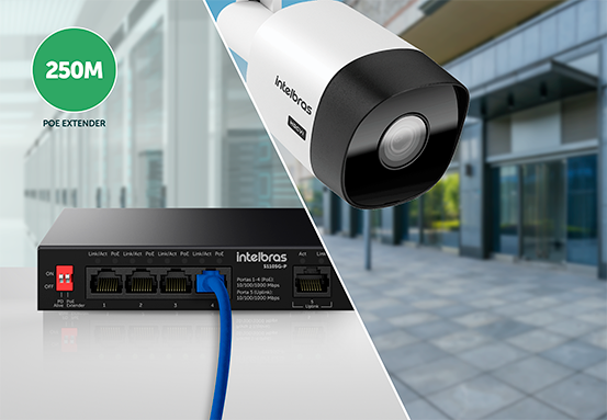 Ilustração da função PoE Extender alcançando 250 metros
