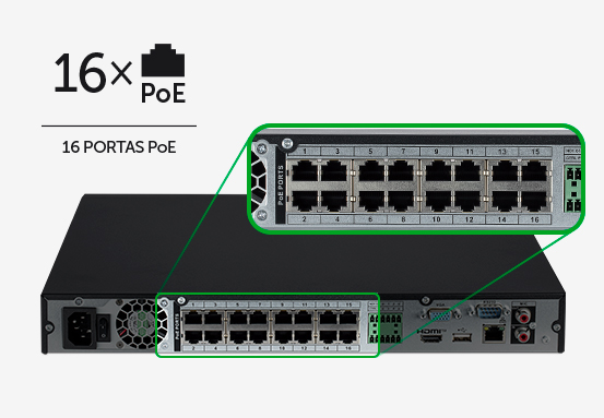 Demonstração das 16 portas PoE na traseira do gravador